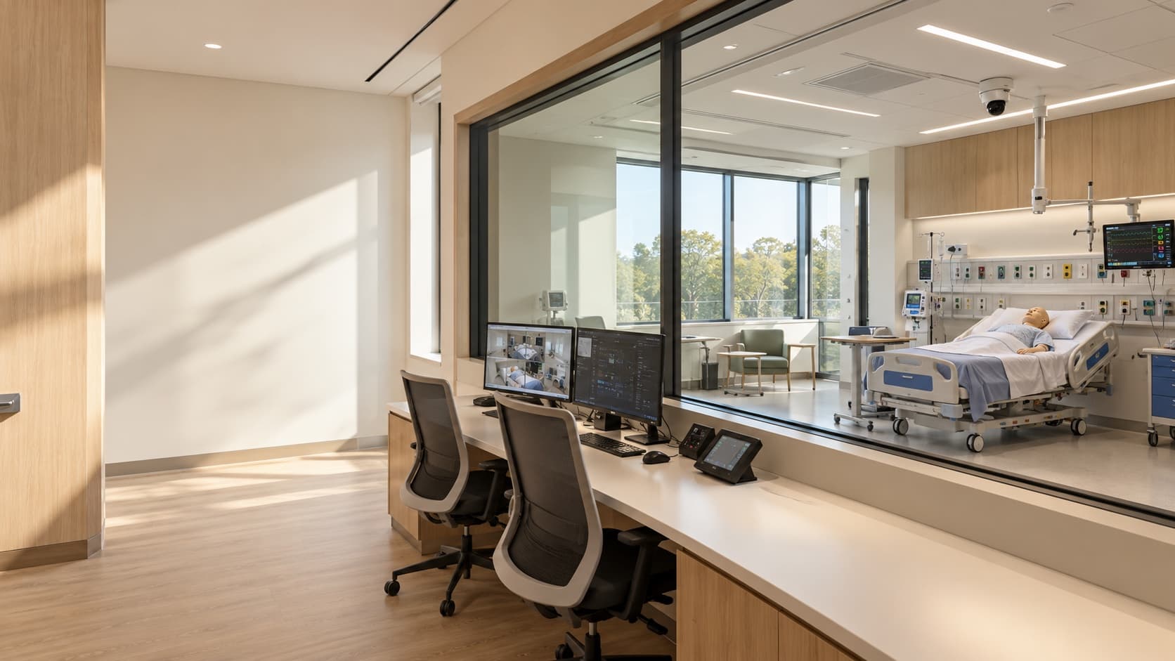 A bright healthcare simulation suite with observation glass, control room workstations, and a patient simulator.